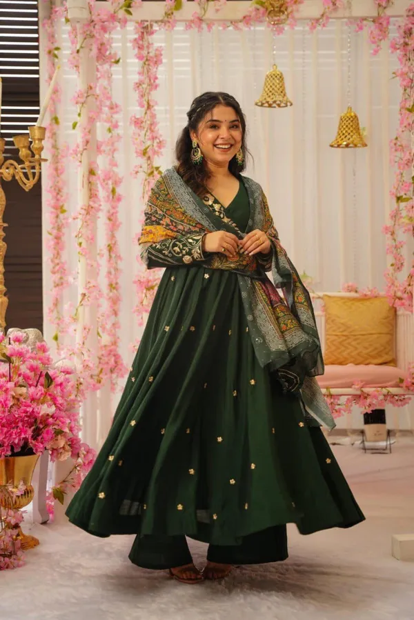 Dark_Green_Emboided_Flared_Anarkali_Kurta_With_Pent_And_Contrast_Dupatta_For_Women