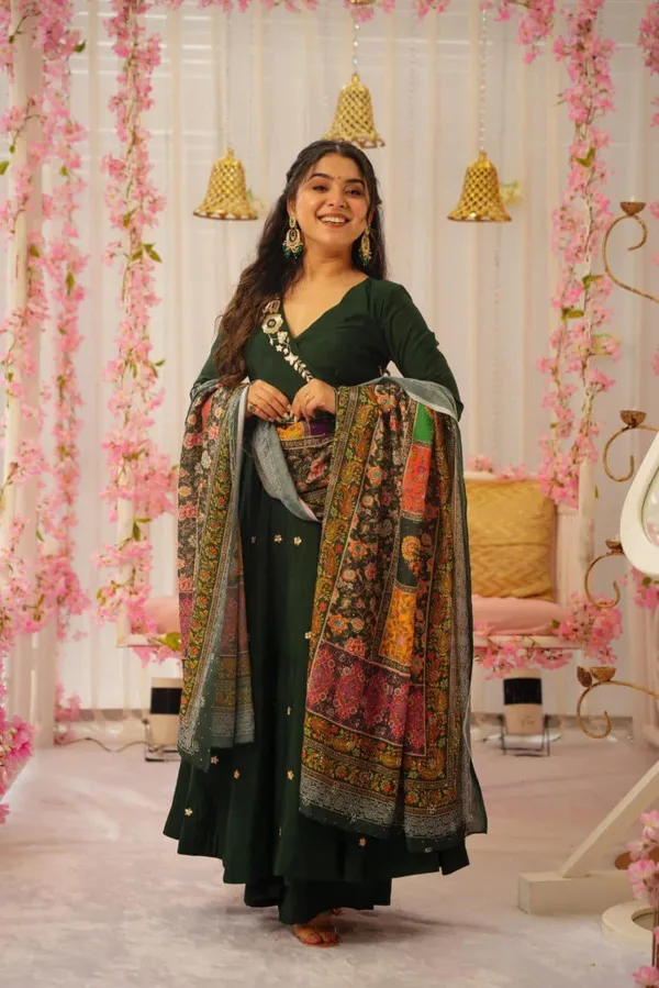 Dark_Green_Emboided_Flared_Anarkali_Kurta_With_Pent_And_Contrast_Dupatta_For_Women