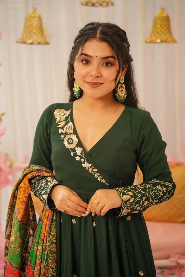 Dark_Green_Emboided_Flared_Anarkali_Kurta_With_Pent_And_Contrast_Dupatta_For_Women