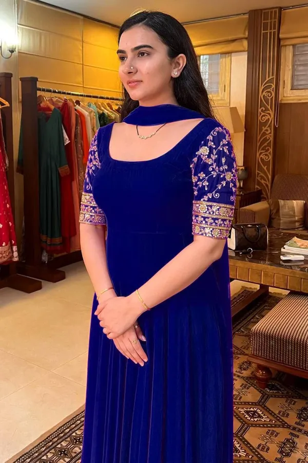 Blue_Faux_Georgette_Embroided_Sleeves_Gown_WIth_Dupatta_For_Women