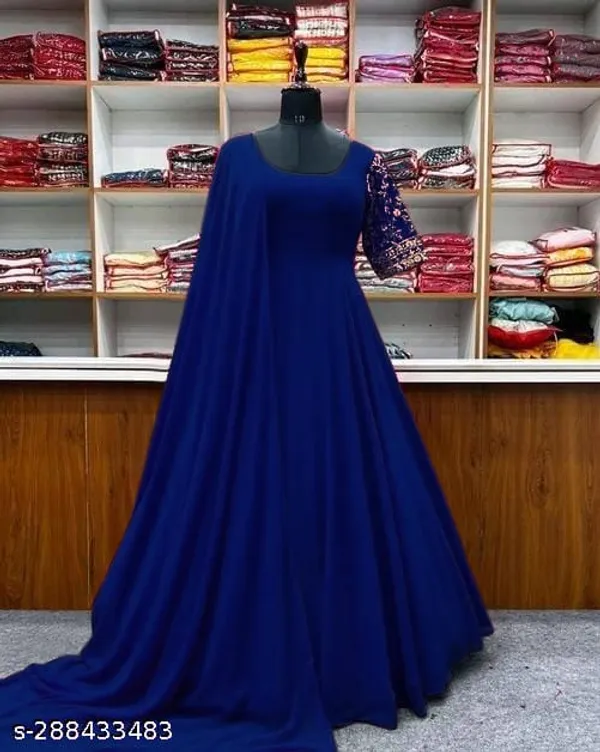 Blue_Faux_Georgette_Embroided_Sleeves_Gown_WIth_Dupatta_For_Women