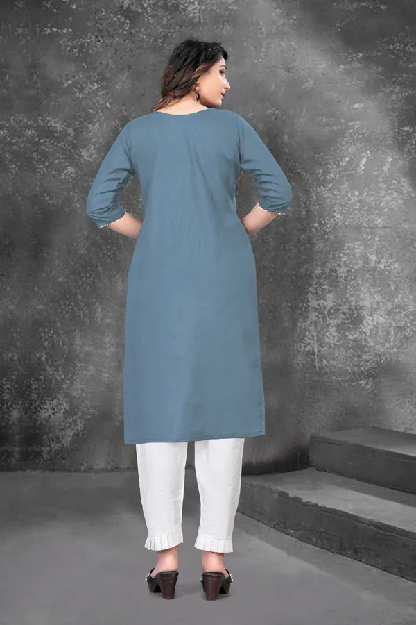 Grey_Embroided_Cotton_3/4_Sleeve_Kurti_With_Pent_Set_For_Women