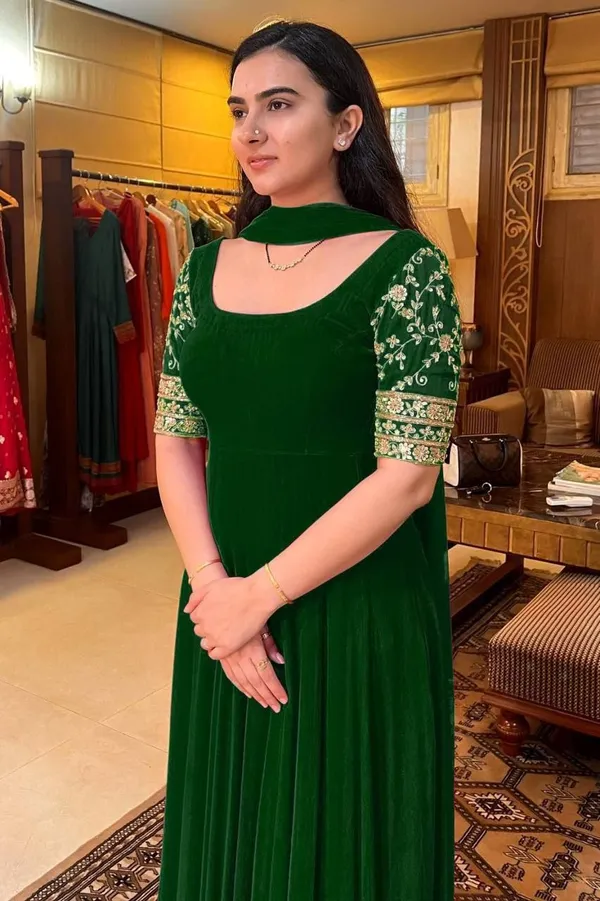 Green_Faux_Georgette_Embroided_Sleeves_Gown_With_Dupatta_For_Women