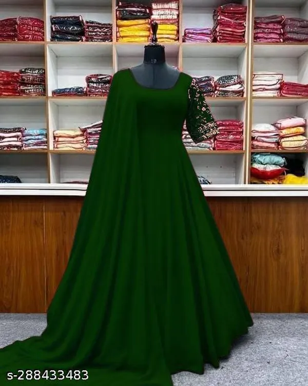 Green_Faux_Georgette_Embroided_Sleeves_Gown_With_Dupatta_For_Women