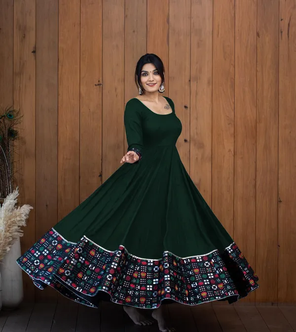 Green_Rayon_Printed_Border_Full_Sleeve_Long_Gown_For_Women
