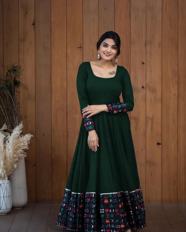 Green_Rayon_Printed_Border_Full_Sleeve_Long_Gown_For_Women