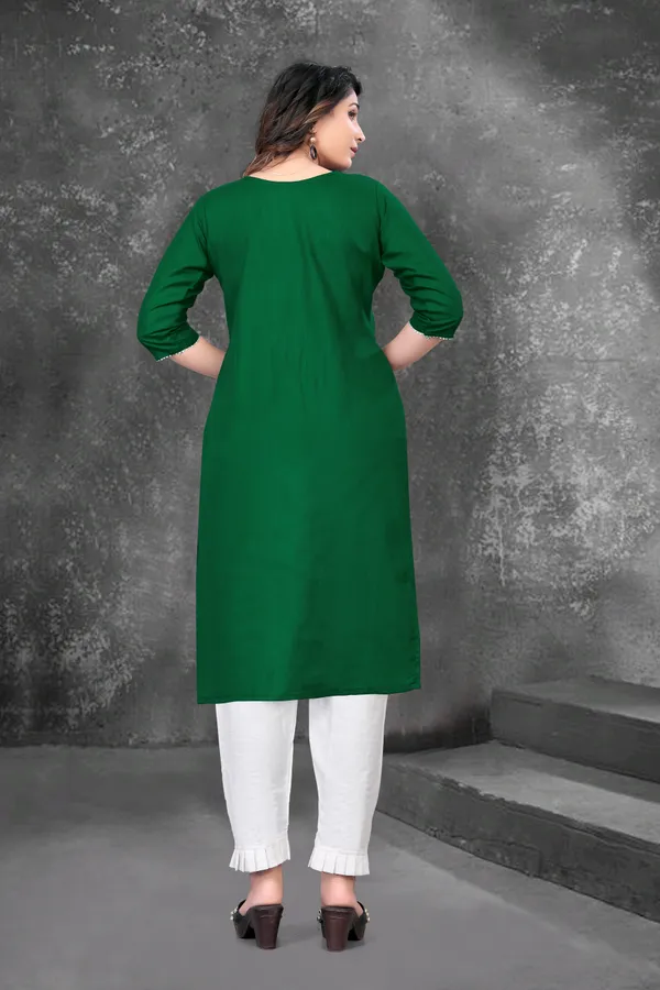 Green_And_White_Embroided_Cotton_3/4_Sleeve_Kurti_And_Pent_Set_For_Women