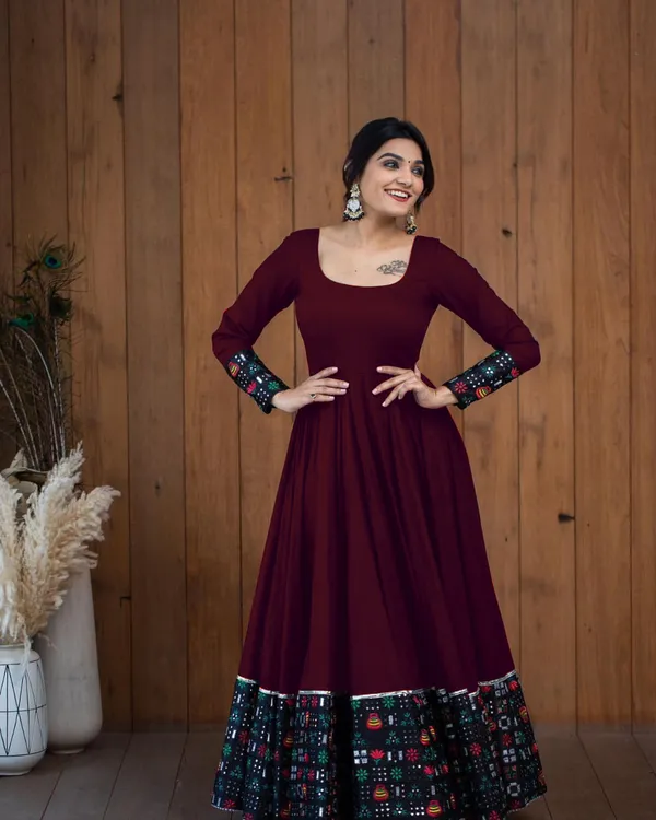 Maroon_Rayon_Digital_Printed_Border_Full_Sleeve_Gown_For_Women