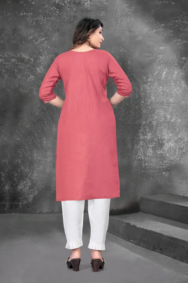 Peach_And_White_Cotton_Embroided_3/4_Sleeve_Kurti_Pent_Set_For_Women