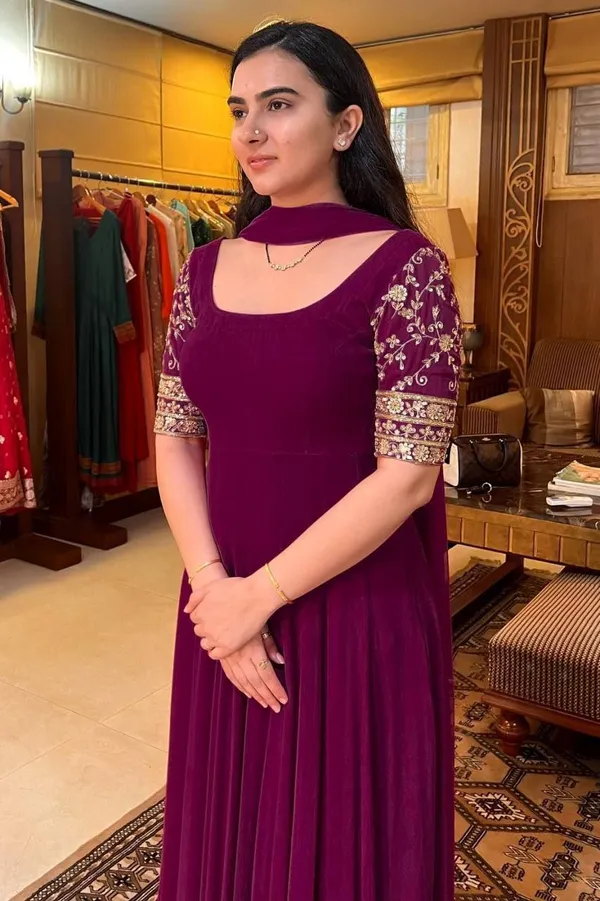 Purple_Faux_Georgette_Embroided_Half_Sleeves_Gown_WIth_Dupatta_For_Women