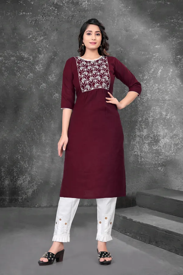PurpleAnd_White__Embroided_Cotton_3/4_Sleeve_Kurti_And_Pent_Set_For_Women