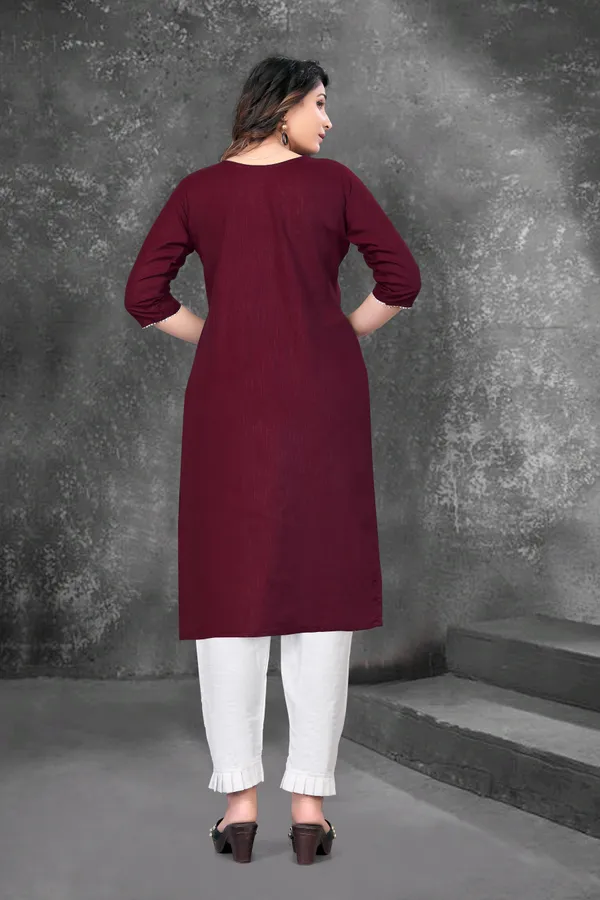 PurpleAnd_White__Embroided_Cotton_3/4_Sleeve_Kurti_And_Pent_Set_For_Women