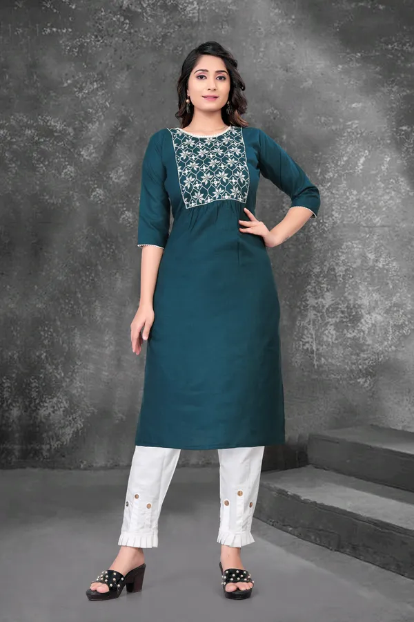 Rama_And_White_Cotton_Embroided_Kurti_And_Pent_Set_For_Women
