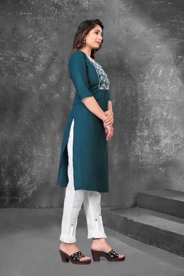 Rama_And_White_Cotton_Embroided_Kurti_And_Pent_Set_For_Women