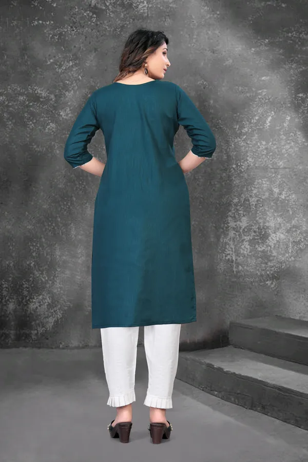Rama_And_White_Cotton_Embroided_Kurti_And_Pent_Set_For_Women