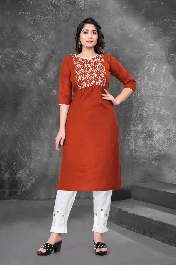 Red_And_White_Cotton_Embroided_3/4_Sleeve_Kurti_And_Pent_Set_For_Women