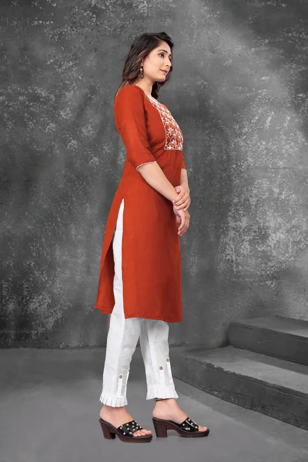 Red_And_White_Cotton_Embroided_3/4_Sleeve_Kurti_And_Pent_Set_For_Women