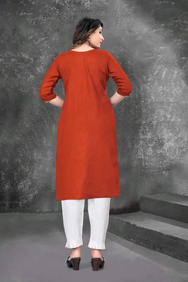 Red_And_White_Cotton_Embroided_3/4_Sleeve_Kurti_And_Pent_Set_For_Women