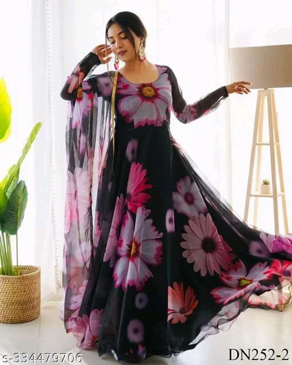 Black_Georgette_Floral_Printed_Full_Sleeve_Gown_With_Dupatta_For_Women