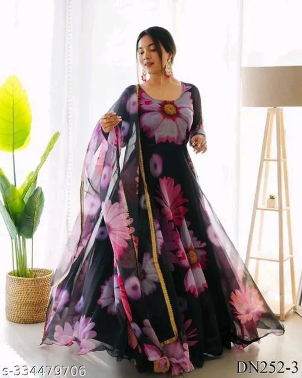 Black_Georgette_Floral_Printed_Full_Sleeve_Gown_With_Dupatta_For_Women