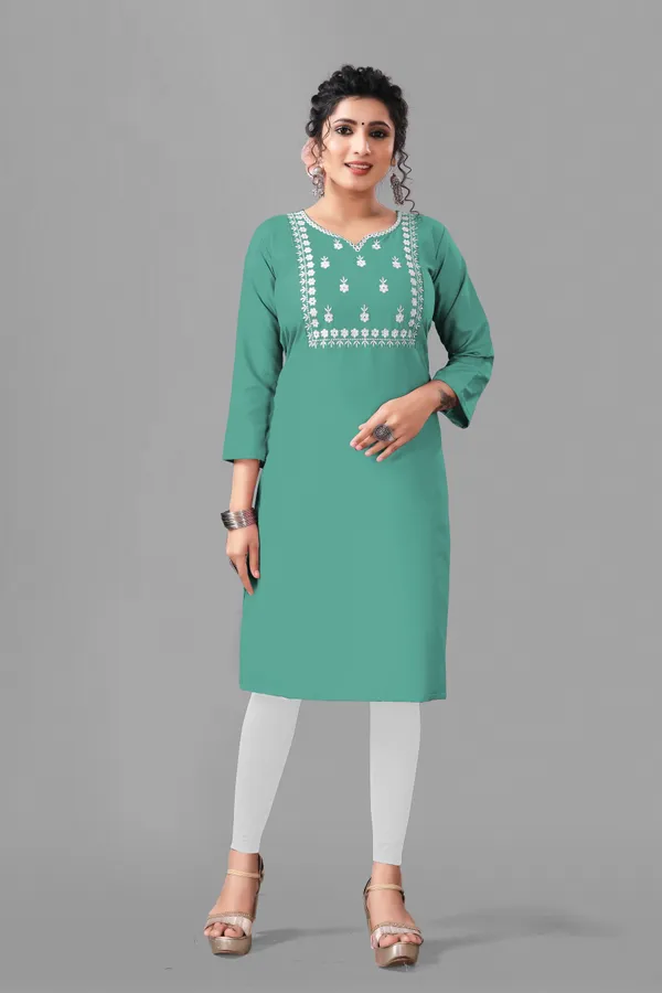 Sea_Green_And_White_Cotton_Embroided_3/4_Sleeve_Kurti_For_Women