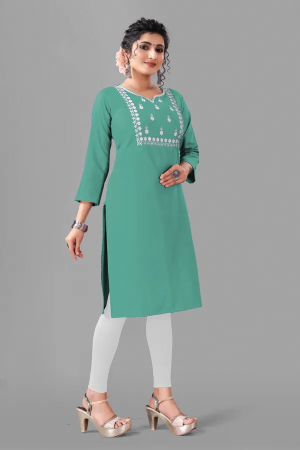 Sea_Green_And_White_Cotton_Embroided_3/4_Sleeve_Kurti_For_Women