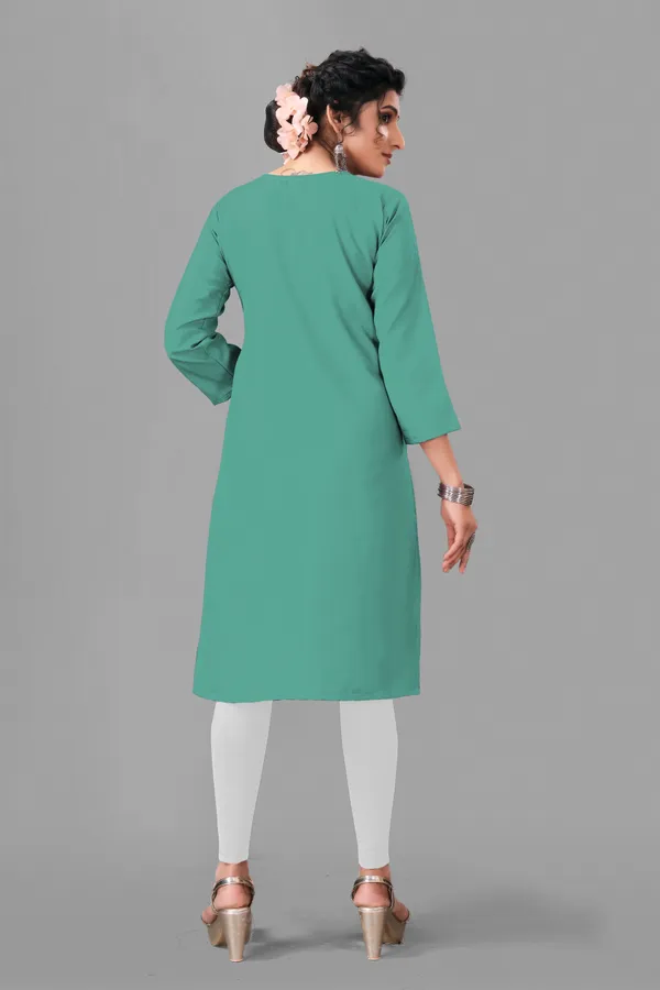 Sea_Green_And_White_Cotton_Embroided_3/4_Sleeve_Kurti_For_Women
