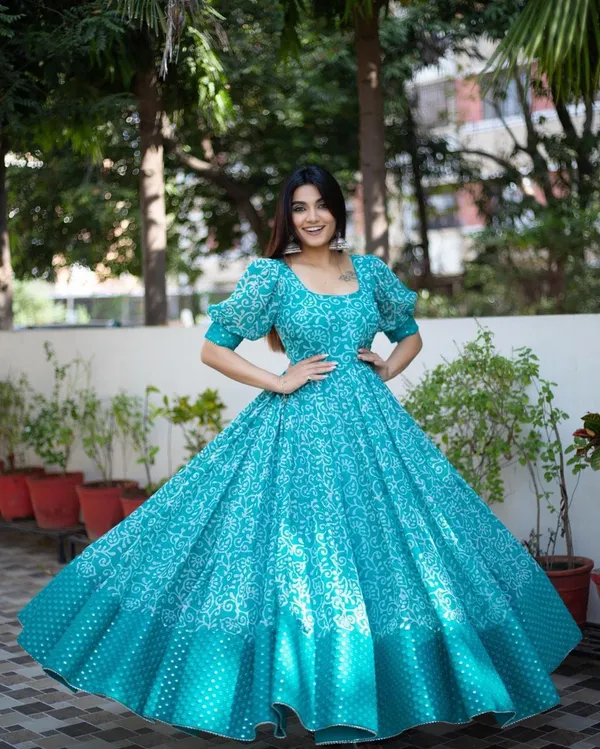 Sky_Blue_Georgette_Floral_Printed_Half_Sleeve_Gown_For_Women