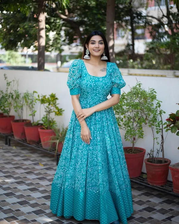 Sky_Blue_Georgette_Floral_Printed_Half_Sleeve_Gown_For_Women