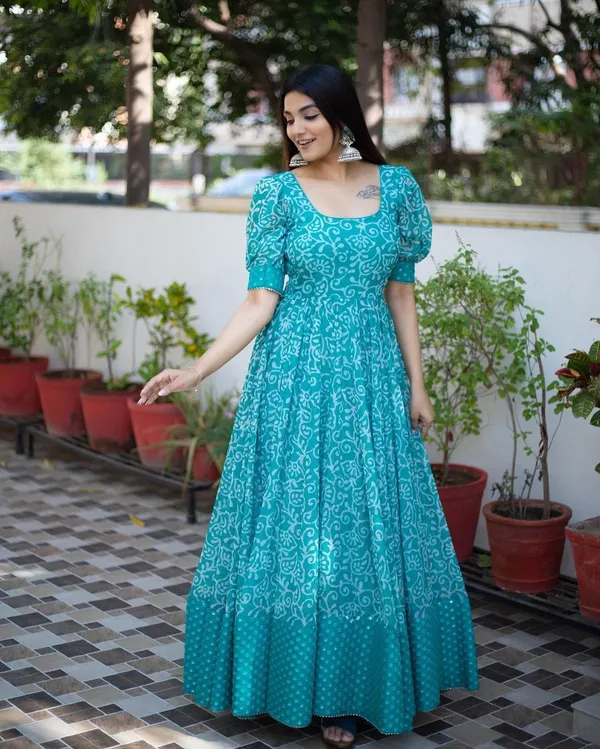 Sky_Blue_Georgette_Floral_Printed_Half_Sleeve_Gown_For_Women