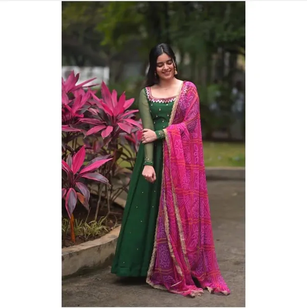 Green_And_Pink_Geogette_Embroided_Full_Sleeve_Gown_With_Dupatta_For_Women