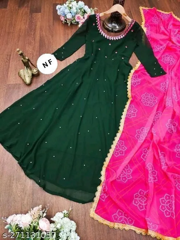Green_And_Pink_Geogette_Embroided_Full_Sleeve_Gown_With_Dupatta_For_Women