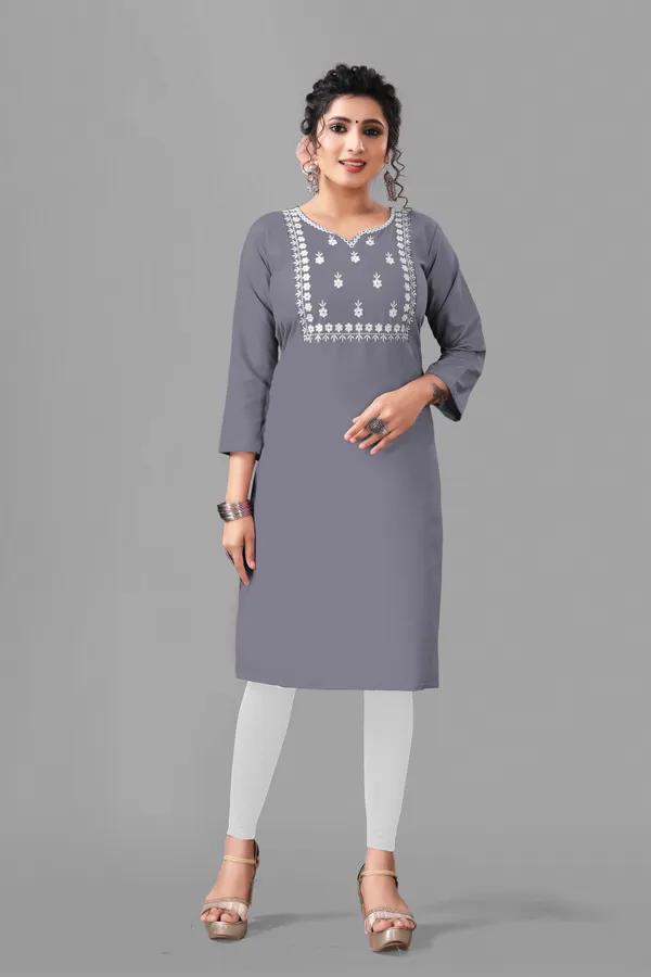 Grey_And_White_Cotton_Embroided_3/4_Sleeve_Kurti_For_Women