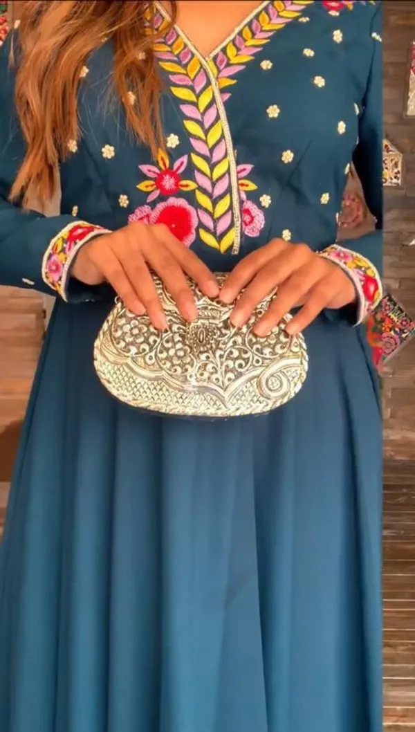 Blue_Geogette_Embroided_Full_Sleeve_V_Neck_Gown_For_Women