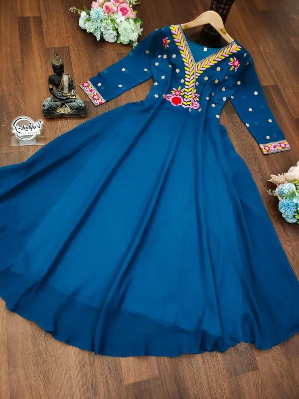 Blue_Geogette_Embroided_Full_Sleeve_V_Neck_Gown_For_Women