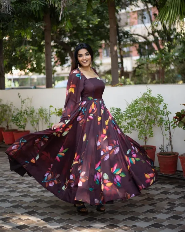 Coffee_Brown_Geogette_Floral_Printed_Full_Sleeve_Gown_For_Women