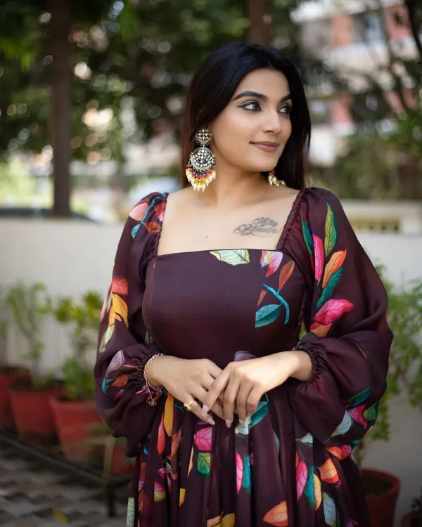 Coffee_Brown_Geogette_Floral_Printed_Full_Sleeve_Gown_For_Women