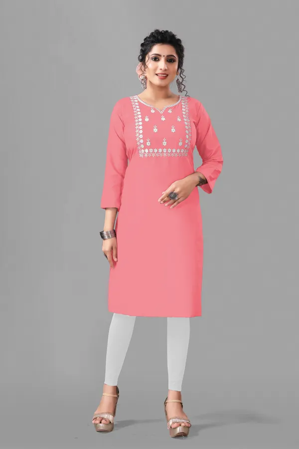 Peach_Cotton_Embroided_3/4_Sleeve_Kurti_For_Women