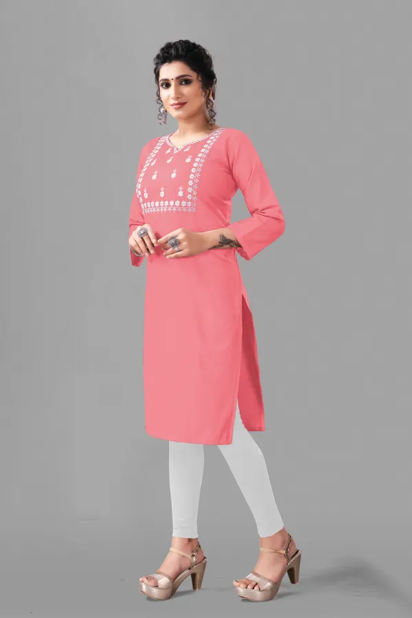 Peach_Cotton_Embroided_3/4_Sleeve_Kurti_For_Women