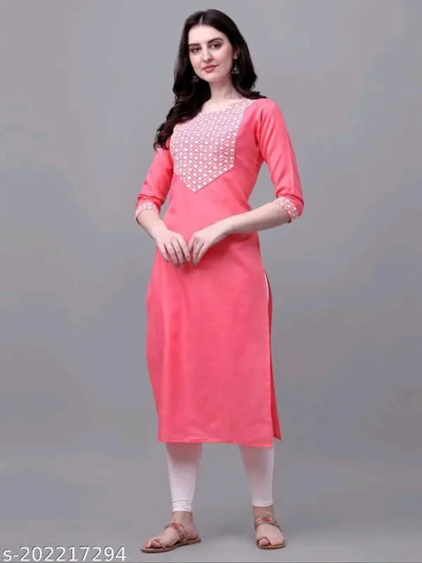 Pink_And_White_Cotton_Embroided_3/4_Sleeve_Kurti_For_Women