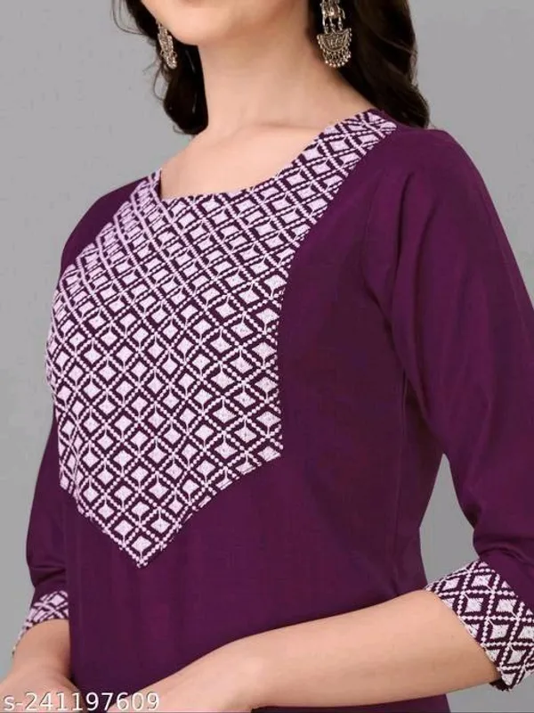 Purple_Cotton_Embroided_3/4_Sleeve_Kurti_For_Women