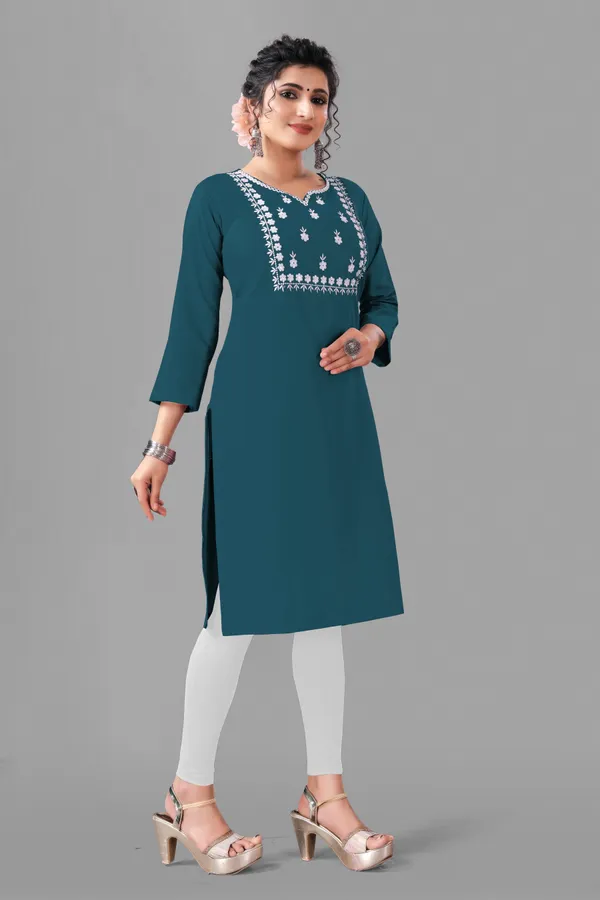 Rama_And_White_Cotton_Embroided_3/4_Sleeve_Kurti_For_Women