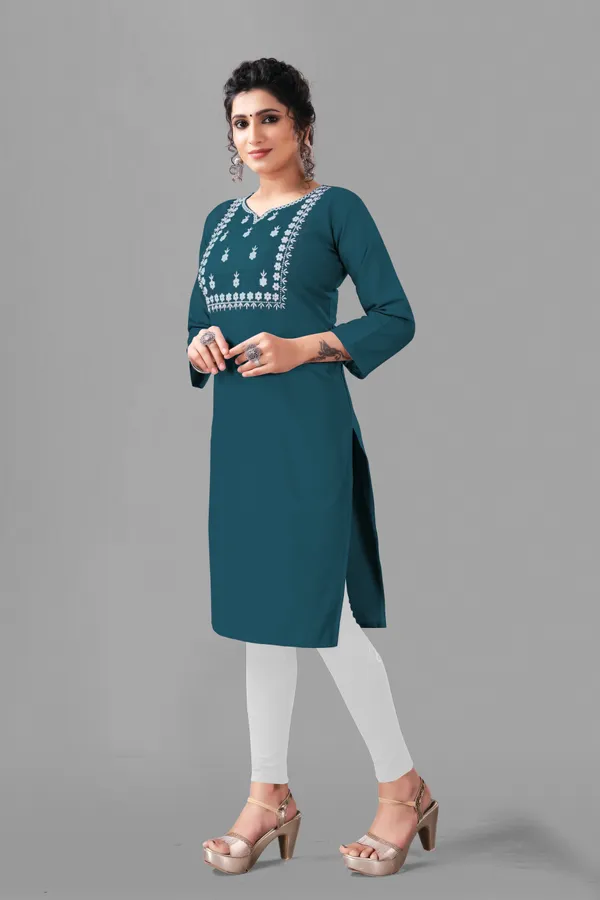 Rama_And_White_Cotton_Embroided_3/4_Sleeve_Kurti_For_Women