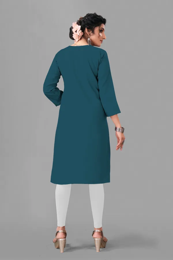 Rama_And_White_Cotton_Embroided_3/4_Sleeve_Kurti_For_Women