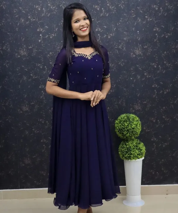 Blue_Geogette_Embroided_Half_Sleeve_Gown_With_Dupatta_For_Women