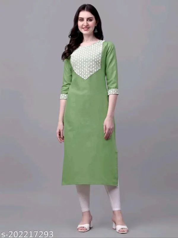 Green_And_White_Cotton_Embroided_3/4_Sleeve_Kurti_For_Women