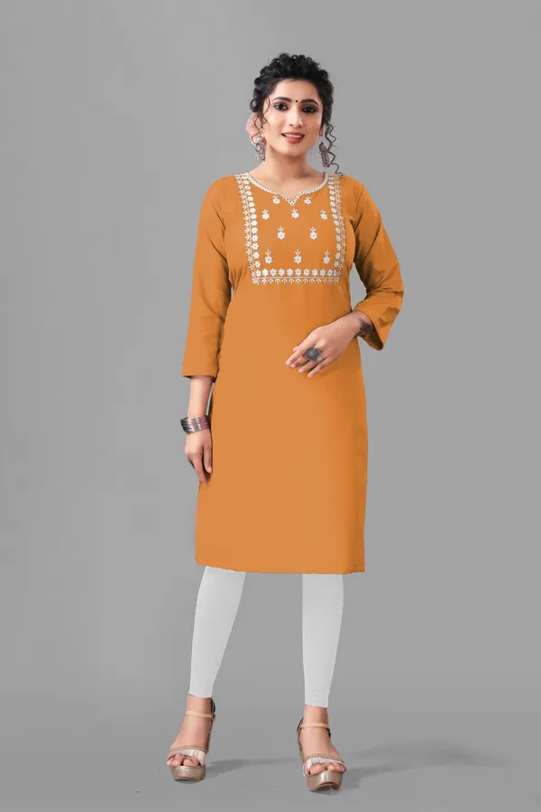 Yellow_And_White_Cotton_Embroided_3/4_Sleeve_Kurti_For_Women