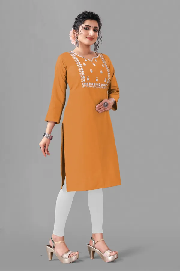 Yellow_And_White_Cotton_Embroided_3/4_Sleeve_Kurti_For_Women