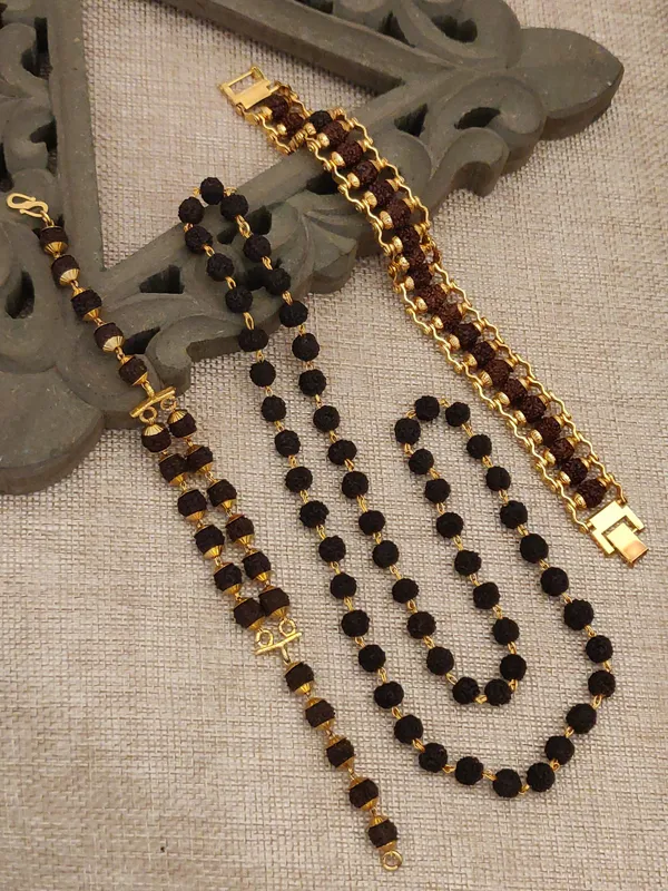 Gold_Plated__Combo_2_Designer_Bracelet+_Black_Mala_For_Male