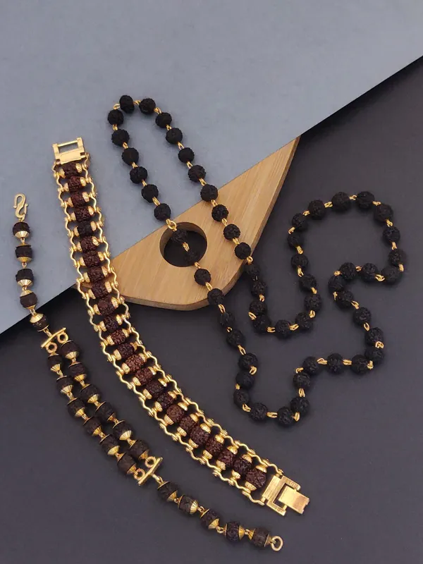 Gold_Plated__Combo_2_Designer_Bracelet+_Black_Mala_For_Male